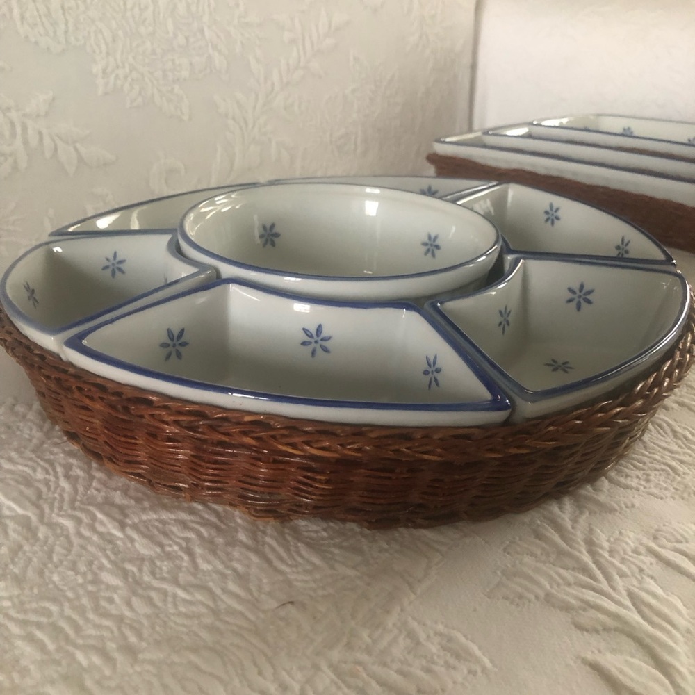 Blue and White Ceramic Divided Serving Tray with Wicker Base